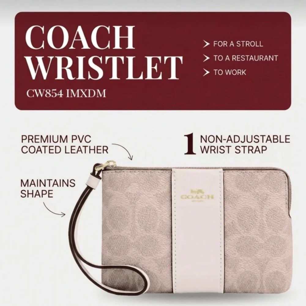 COACH. 3 Piece: Canvas & Leather Corner Zip Wristlet & Free Gift Box & Stickers. - Picture 10 of 16